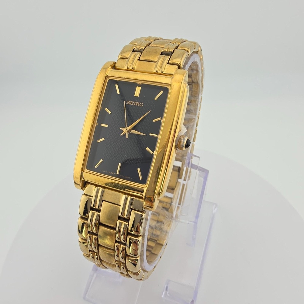 Vintage SEIKO Men's 'El Dorado' Tank Watch V701-5E49 Gold Plate 7.5" New Battery